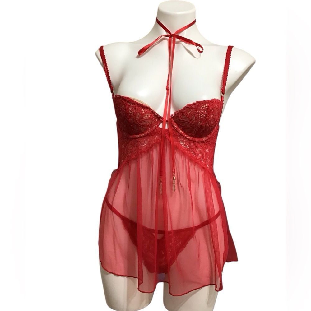 Victoria’s Secret Red Lace Bomb Shell Babydoll Lingerie Good Condition Size 32 B